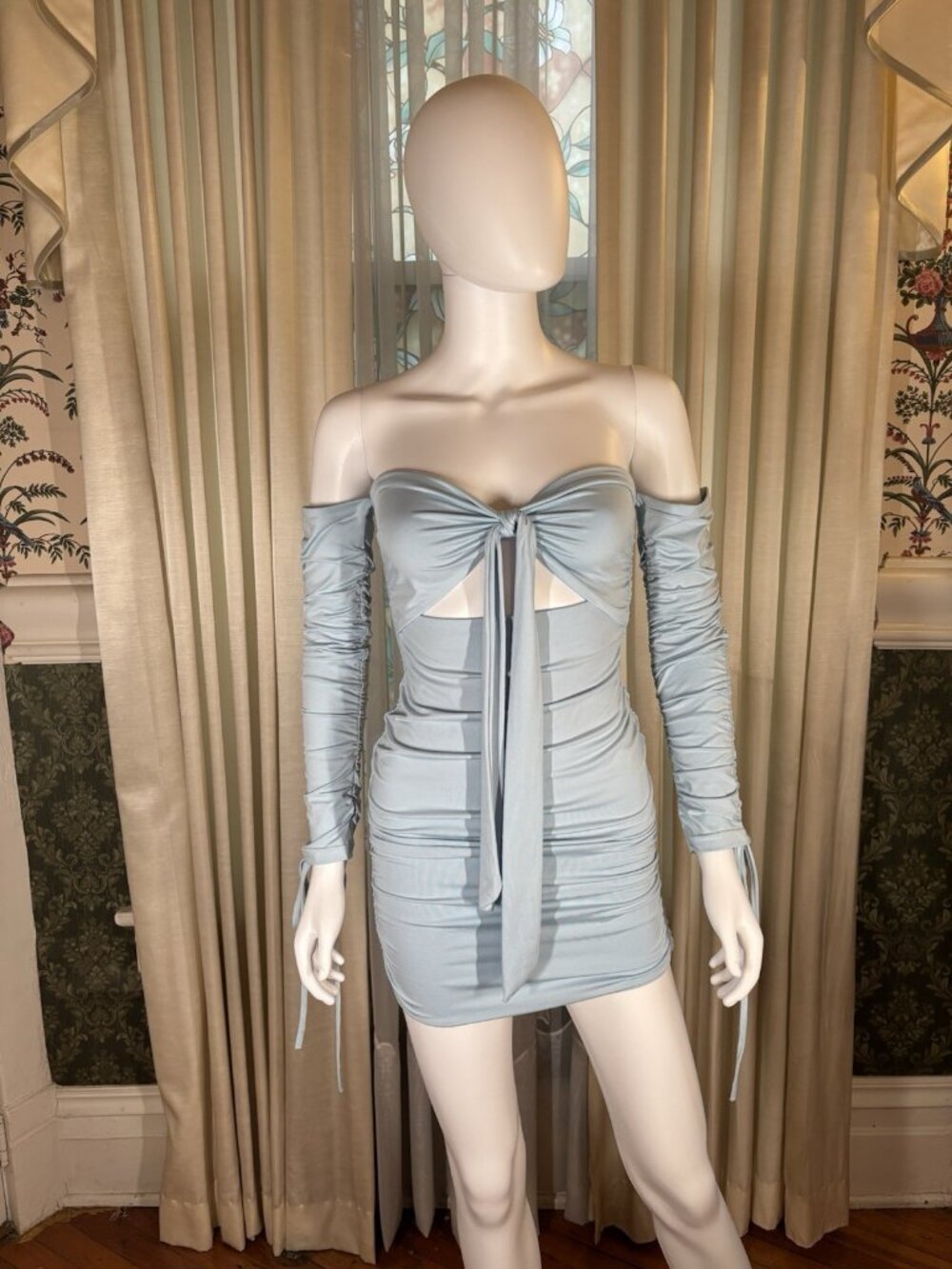 Light Blue Tie Front Bust Stretch Bodycon Mini Dress Small Double Lined Y2K 90s